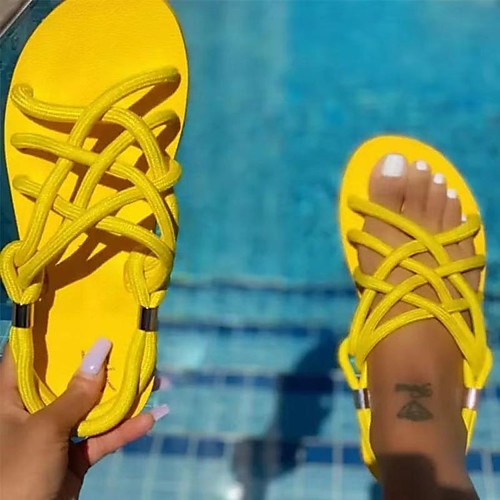 

Women's Sandals Boho Bohemia Beach Roman Shoes Gladiator Sandals Flat Heel Round Toe PU Color Block Black Yellow Red