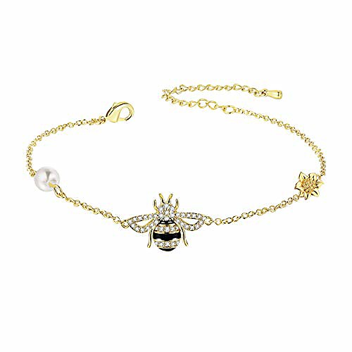 

lazluvu 18k gold honey bee charms bracelet sunflower bead adjustable bangle link chain bracelets daisy flower jewelry gift for women mom girls teens