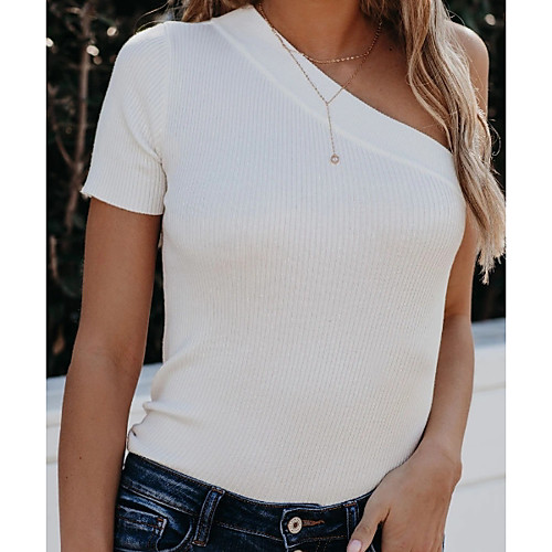 

Women's Knitted Solid Color Sweater Short Sleeves Sweater Cardigans One Shoulder Spring Summer White Black Khaki