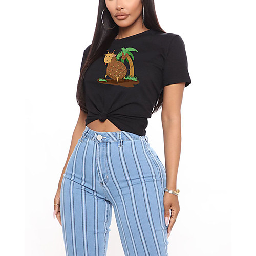 

Women's T shirt Cartoon Plants Animal Print Round Neck Tops 100% Cotton Basic Basic Top White Black