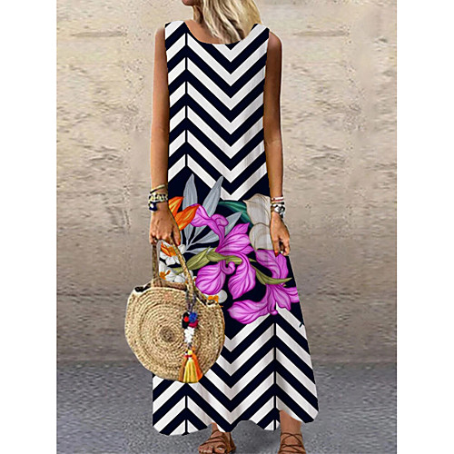 

Women's Shift Dress Maxi long Dress Black Sleeveless Floral Striped Print Spring Summer Round Neck Casual 2021 S M L XL XXL 3XL