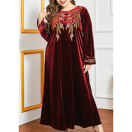 

Women's Kaftan Dress Maxi long Dress Wine Long Sleeve Floral Embroidered Summer Round Neck Casual 2021 XL XXL 3XL 4XL