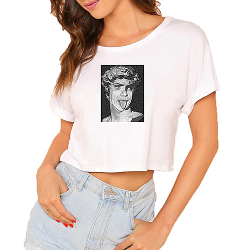 

Women's Crop Tshirt Graphic Portrait Print Round Neck Tops 100% Cotton Basic Basic Top White Black