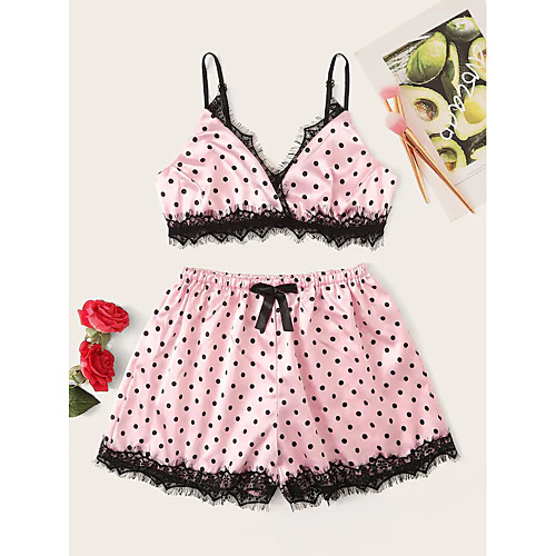 

Women's Layered Lace Bow Matching Bralettes Suits Nightwear Polka Dot Solid Colored Bra Blushing Pink XS S M / Hole