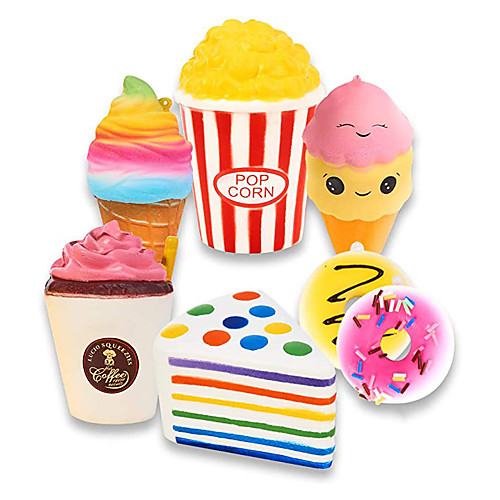 

Slow Rising Jumbo Set 7 PCS Rainbow Triangle Cake Frappuccino Popcorn Donuts Ice Cream Kawaii Squishy Toys or Stress Relief Toys Sticker Come with The Squishies