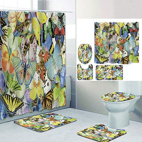 

Flower Butterfly Digital Printing Four-piece Set Shower Curtains and Hooks Modern Polyester Machine Made Waterproof Bathroom