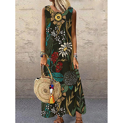 

Women's Shift Dress Maxi long Dress Khaki Sleeveless Floral Print Print Spring Summer Round Neck Casual 2021 S M L XL XXL 3XL