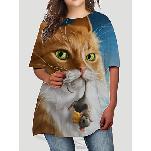 

Women's Plus Size Dresses T Shirt Dress Tee Dress Short Mini Dress Half Sleeve Cat Graphic Animal Print Basic Fall Blue XL XXL 3XL 4XL 5XL / Holiday