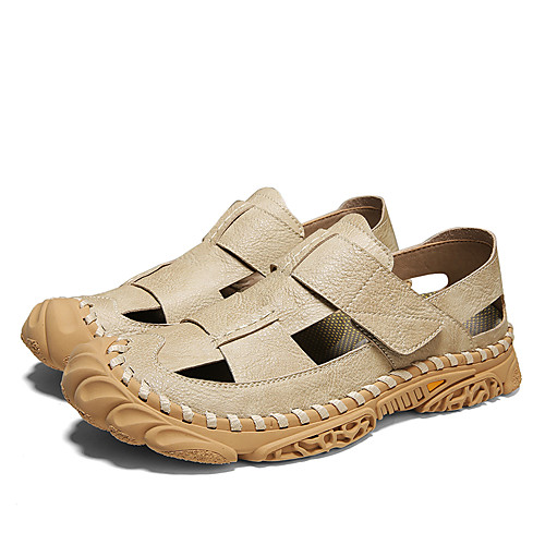 

Men's Sandals Crochet Leather Shoes Flat Sandals Sporty Casual Beach Daily Outdoor Water Shoes Walking Shoes Nappa Leather Cowhide Breathable Handmade Non-slipping Booties / Ankle Boots Almond Black