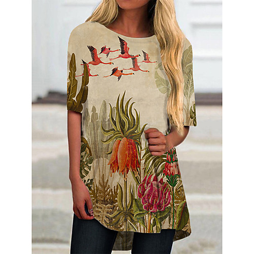 

Women's T Shirt Dress Tee Dress Short Mini Dress Yellow Half Sleeve Floral Print Print Spring Summer Round Neck Casual 2021 S M L XL XXL 3XL