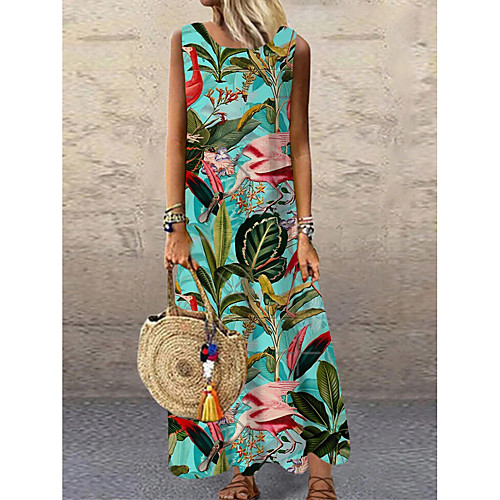 

Women's Shift Dress Maxi long Dress Light Blue Sleeveless Floral Print Print Spring Summer Round Neck Casual 2021 S M L XL XXL 3XL