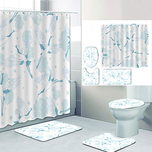 

White Migratory Bird Digital Printing Four-piece Set Shower Curtains and Hooks Modern Polyester Machine Made Waterproof Bathroom
