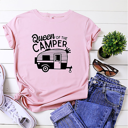 

camping shirt for women happy camper letter print casual t shirt funny camping graphic tees shirts pink (medium)