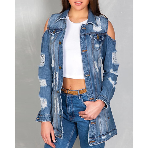 

Women's Outerwear Solid Colored Cut Out Casual Fall Jacket Regular Daily Long Sleeve Denim Coat Tops Blue