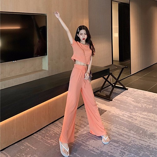 

Women's 2pcs Activewear Set Yoga Suit Wide Leg Stirrup Over The Heel Solid Color Black Orange Yoga Gym Workout Tee Tshirt Pants / Trousers Clothing Suit Short Sleeve Sport Activewear Breathable Quick