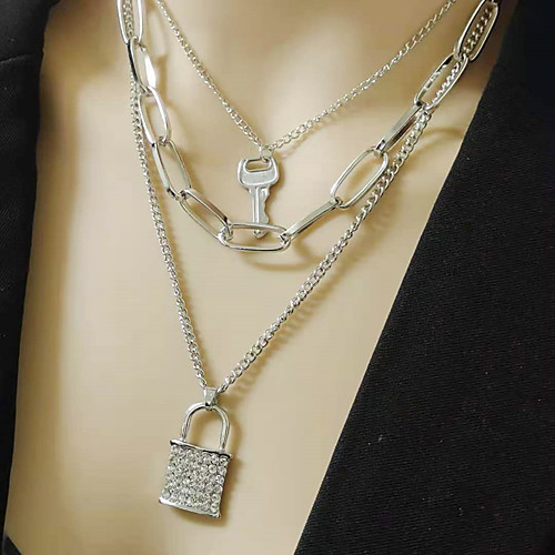 

diamond lock necklace female retro wild multi-layer key lock sweater chain