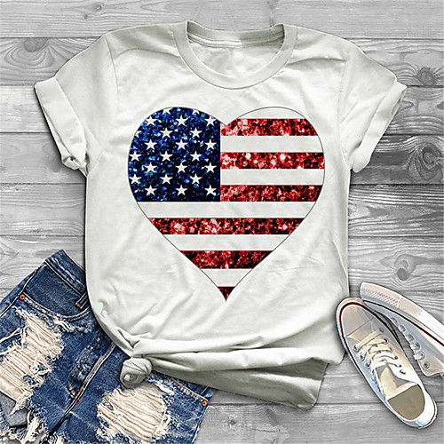 

Women's Plus Size Print Graphic Heart Flag T shirt Large Size Crewneck Short Sleeve Basic Tops XL XXL 3XL White Big Size