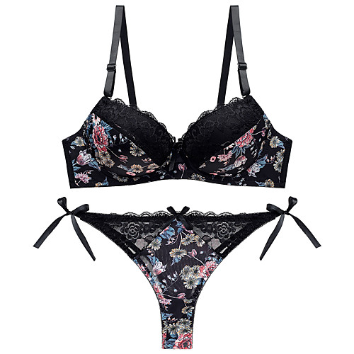 

Women's Underwire Bra 3/4 Cup Bra & Panty Set Lace Printing White Black