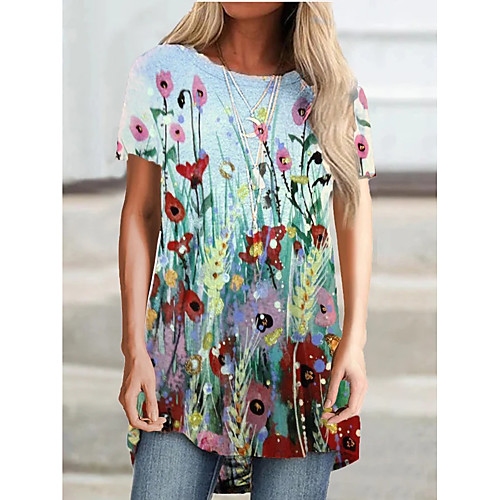 

2021 amazon independent station spring new women's round neck positioning printing irregular hem short-sleeved t-shirt