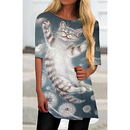 

Women's T Shirt Dress Tee Dress Short Mini Dress Blue Half Sleeve Cat Animal Print Spring Summer Round Neck Casual 2021 S M L XL XXL 3XL