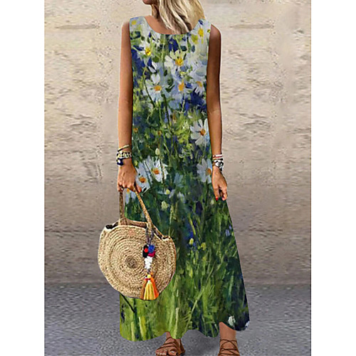 

Women's Shift Dress Maxi long Dress Green Sleeveless Floral Print Print Spring Summer Round Neck Casual 2021 S M L XL XXL 3XL