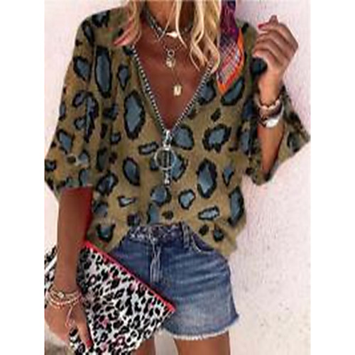 

Women's Blouse Shirt Leopard Zipper V Neck Tops Basic Top Camel