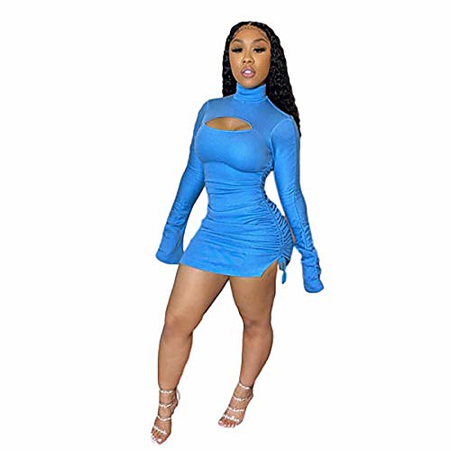 

women's sexy bodycon long sleeve ruched slit mini club dress (blue, small)