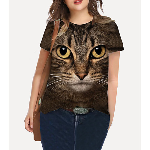 

Women's Plus Size Print Cat Graphic Animal T shirt Large Size Crewneck Short Sleeve Basic Tops XL XXL 3XL Brown Big Size
