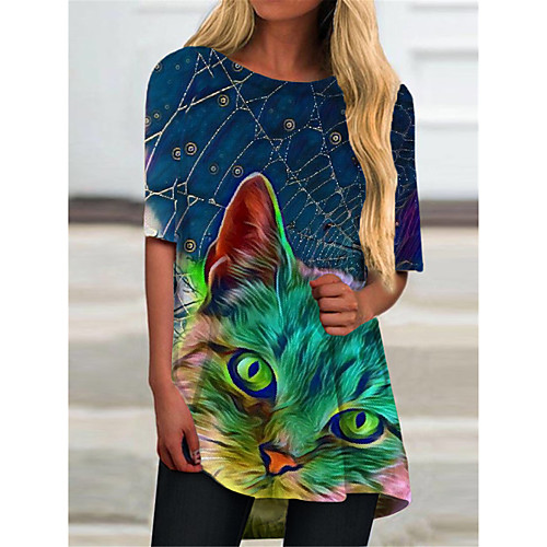 

Women's T Shirt Dress Tee Dress Short Mini Dress Blue Half Sleeve Cat Animal Print Spring Summer Round Neck Casual 2021 S M L XL XXL 3XL