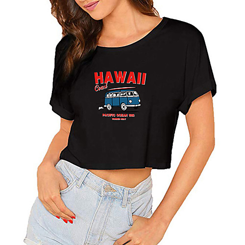 

Women's Crop Tshirt Graphic Letter Print Round Neck Tops 100% Cotton Basic Basic Top White Black