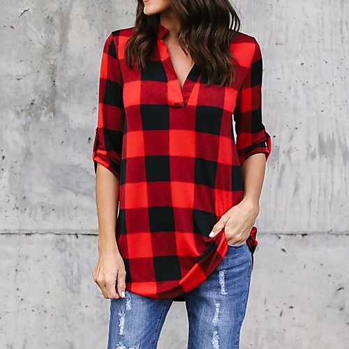 

Women's Blouse Plaid Long Sleeve V Neck Tops Basic Basic Top White Red Green