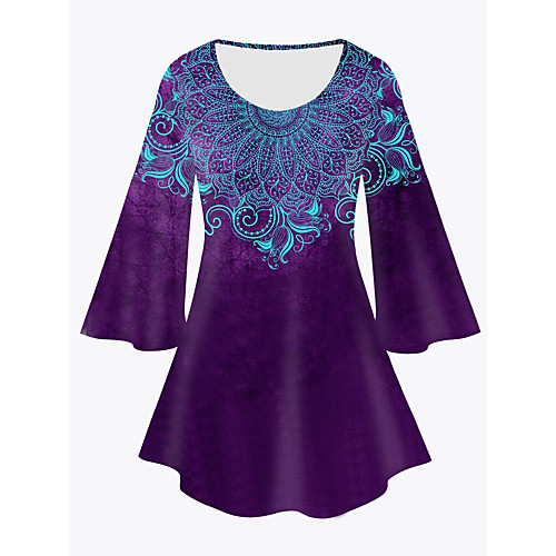 

Women's Plus Size Print Graphic Tribal Tunic Large Size Crewneck 3/4 Length Sleeve Basic Tops XL XXL 3XL Purple Big Size