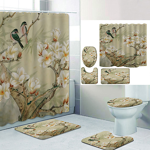 

Birds and Flowers Digital Printing Four-piece Set Shower Curtains and Hooks Modern Polyester Machine Made Waterproof Bathroom
