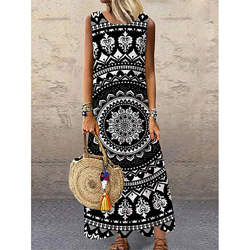 

Women's Shift Dress Maxi long Dress Black Sleeveless Floral Print Print Spring Summer Round Neck Casual 2021 S M L XL XXL 3XL