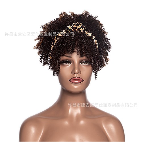 

foreign trade wigs africa small curly hair exploded cross-border hot sale with leopard print headscarf wig cross-border supply manufacturer