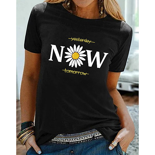 

Women's T shirt Floral Letter Print Round Neck Tops Basic Basic Top Black