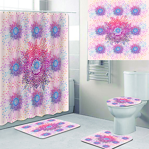 

Colorful big flowers Printed Bathtub Curtain liner Covered with Waterproof Fabric shower Curtain for Bathroom home Decoration with hook floor mat and four-piece Toilet mat