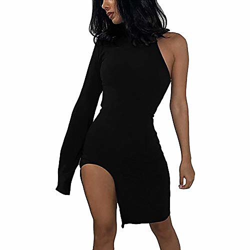 

ootaoper women one shoulder long sleeve bodycon party dresses side slit sexy skinny clubwear mini dress(small, black)