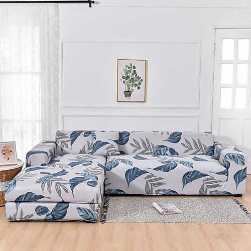 

Light gray Leaves Print Dustproof All-powerful Stretch L Shape Sofa Cover Super Soft Fabric with One Free Pillow Case