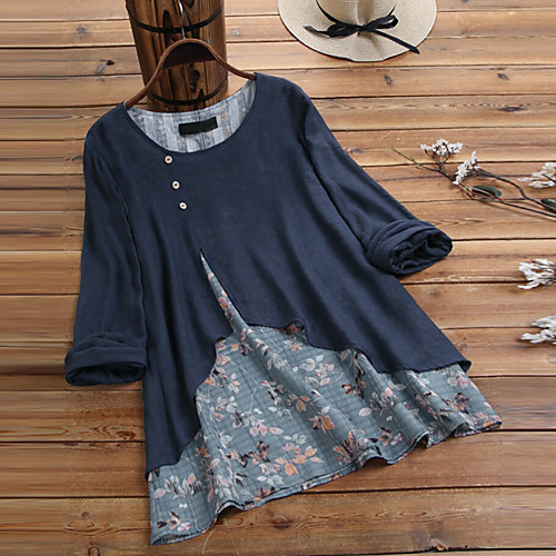 

Women's Plus Size Patchwork Floral Blouse Shirt Large Size Round Neck Long Sleeve Tops M L XL Light Blue Navy Light Green Big Size