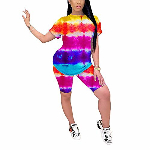 

women casual summer two pieces short outfits tie dye short sleeve pullover bodycon short set jumpsuits rompers stripe l