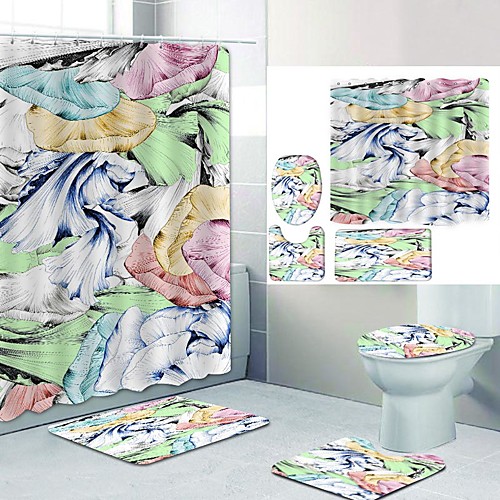 

Colored Petals Digital Printing Four-piece Set Shower Curtains and Hooks Modern Polyester Machine Made Waterproof Bathroom