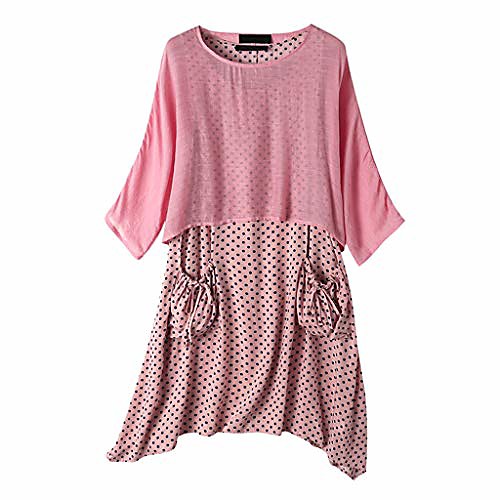 

vintage cotton polka dot long dress for women irregular hem o-neck long sleeve top two pieces dress pink