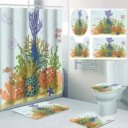 

Undersea Plants Ocean Theme Bathroom Waterproof Shower Curtain and Hook Cushion Four-piece Casual Decoration