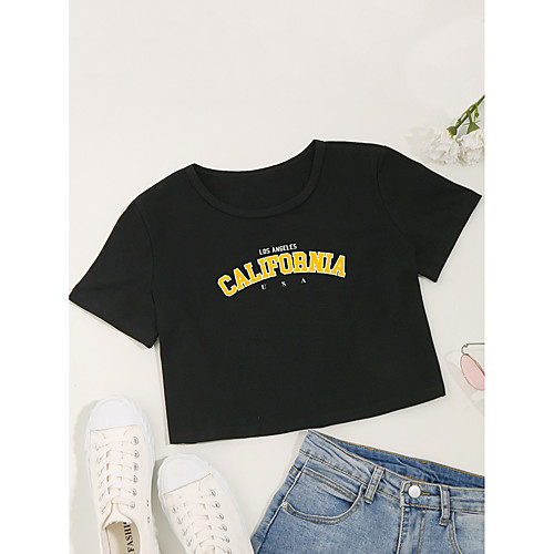 

Women's Crop Tshirt Letter Print Round Neck Tops Cotton Basic Basic Top White Black