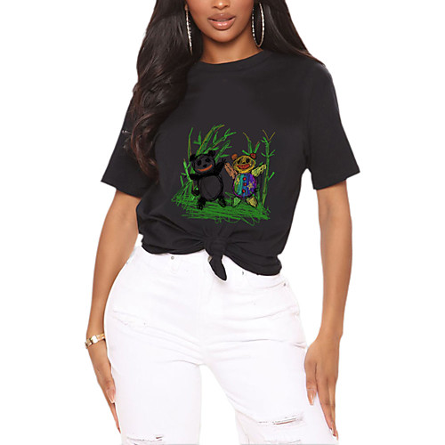 

Women's T shirt Cartoon Panda Animal Print Round Neck Tops 100% Cotton Basic Basic Top White Black