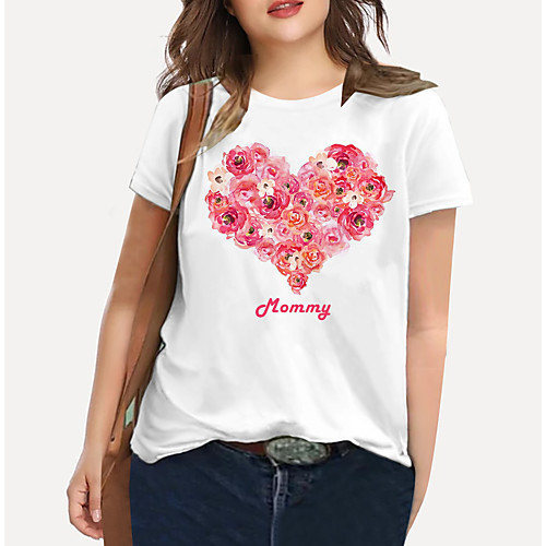 

Women's Plus Size Print Floral Graphic Heart T shirt Large Size Crewneck Short Sleeve Basic Tops XL XXL 3XL White Big Size