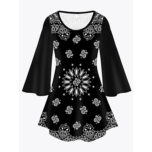 

Women's Plus Size Print Graphic Tribal Tunic Large Size Crewneck 3/4 Length Sleeve Basic Tops XL XXL 3XL Black Big Size