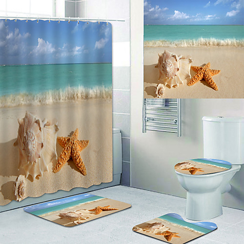 

Starfish and Conch Printed Bathtub Curtain liner Covered with Waterproof Fabric shower Curtain for Bathroom home Decoration with hook floor mat and four-piece Toilet mat