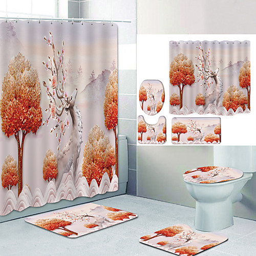 

Sika Deer Digital Printing Four-piece Set Shower Curtains and Hooks Modern Polyester Machine Made Waterproof Bathroom